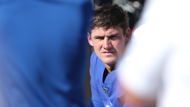 Sep 29, 2019; East Rutherford, NJ, USA; New York Giants quarterback Daniel Jones (8) on the sideline during the fourth quarter against the Washington Redskins at MetLife Stadium.